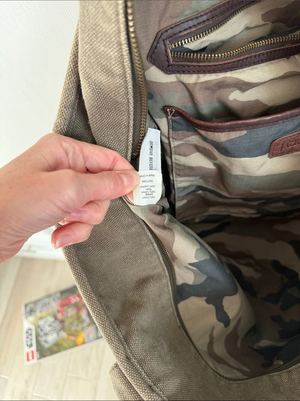 J CREW Camo Canvas Tote Bag - Military Green- distressed camo